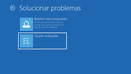 Tela Solucionar Problemas no Ambiente de Recuperação do Windows.