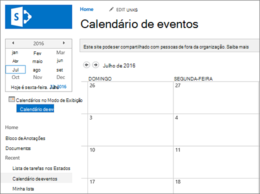 Exemplo de um aplicativo de lista de calendários.