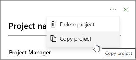 Captura de tela da escolha de três pontos e "copiar projeto" no painel de detalhes do projeto.