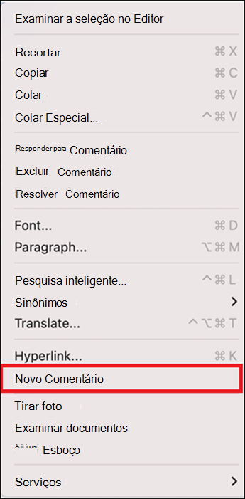Opções disponíveis no menu de contexto com o botão direito do mouse em que a opção "Novo Comentário" está selecionada.