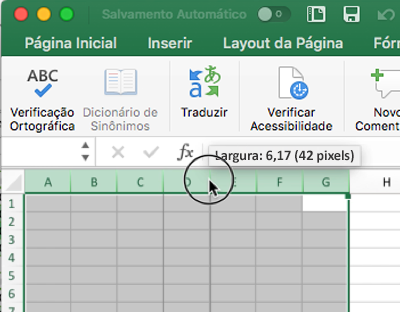 Captura de tela mostrando como usar o mouse para redimensionar as larguras de coluna no Excel