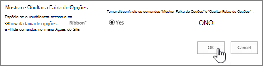 Mostrar a opção ocultar da faixa de opções com OK selecionado