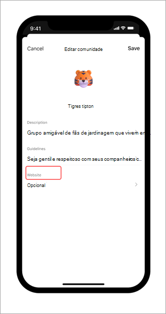 Captura de tela da página editar a comunidade e o botão para adicionar um site da comunidade no Microsoft Teams (gratuito) em um dispositivo móvel.