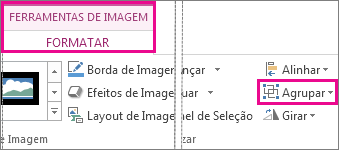 O botão Agrupar está situado na guia Formatar das Ferramentas de Imagem