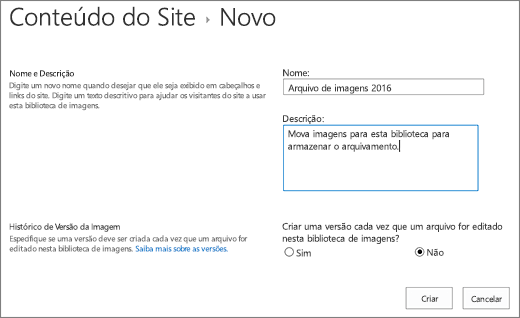 Colocar o nome, a descrição e o controlo de versões opcionais