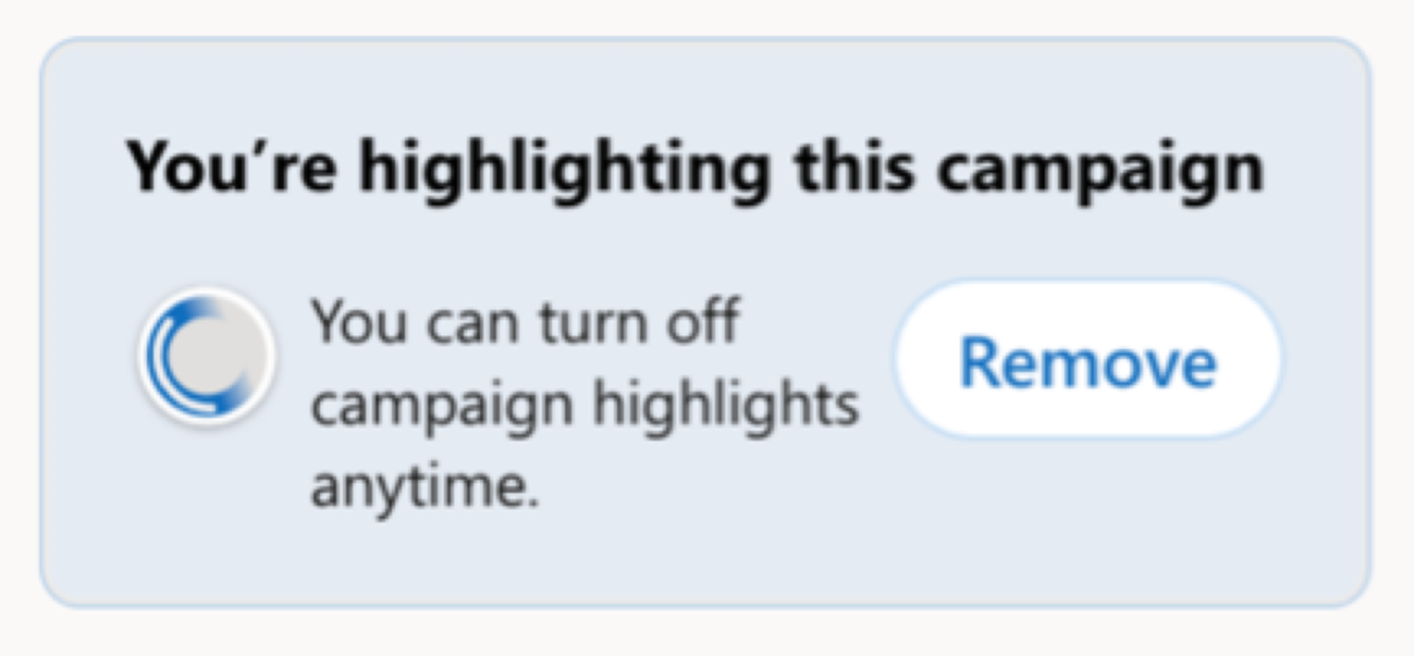 Um módulo aparece em seu enredo para informar que você está promovendo a campanha adicionando uma faixa ao seu perfil.