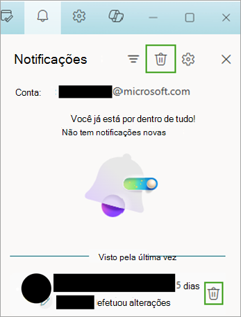 Utilize o ícone de notificações e, em seguida, selecione Eliminar para mover notificações