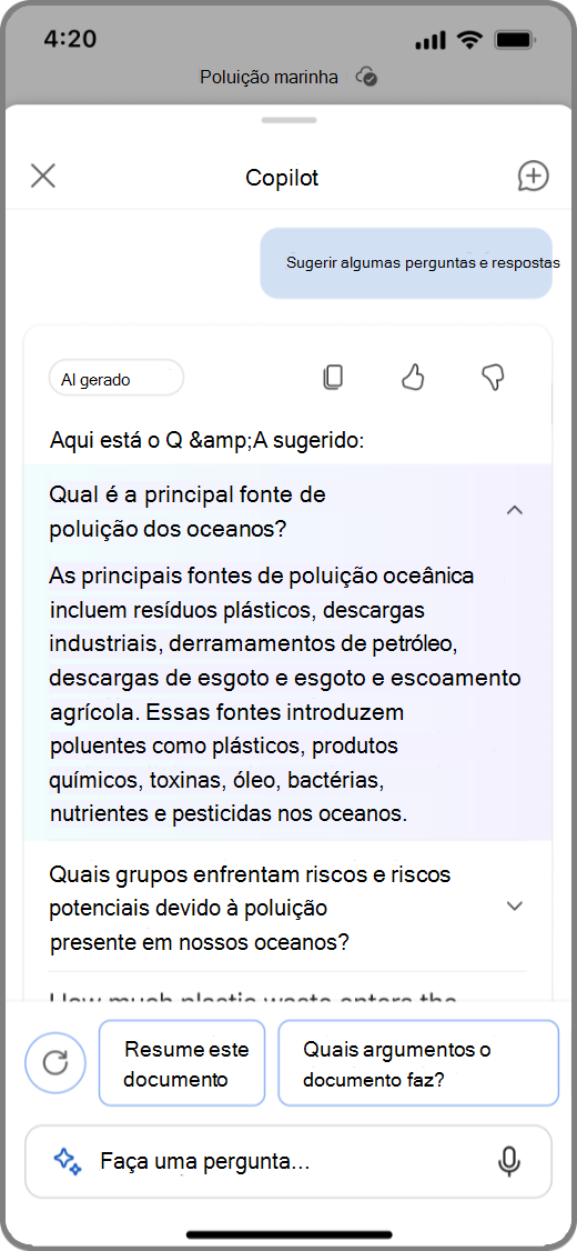 Captura de tela do Copilot no Word em um dispositivo iOS com os resultados das perguntas e respostas sugeridas pelo Copilot