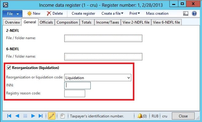 Company reorganization data in the Income data register