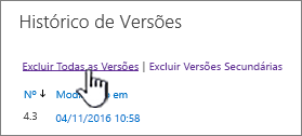 Caixa de diálogo Versão, com a opção Eliminar todas as versões realçada
