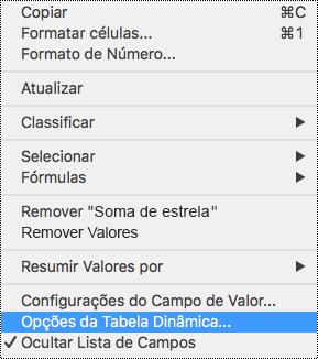 Opções PivotTable no menu de contexto do Excel para Mac.