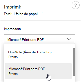 Captura de tela mostrando a seleção do Microsoft Print para PDF