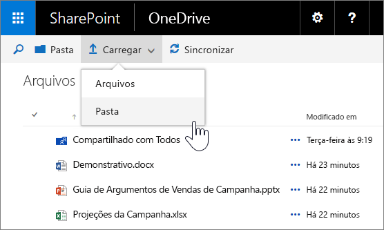 Captura de tela do carregamento de uma pasta no OneDrive for Business no SharePoint Server 2016 com o Feature Pack 1