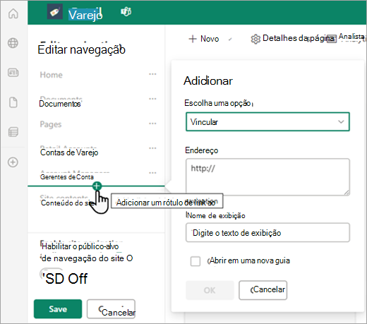 Captura de ecrã a mostrar algumas das opções de navegação personalizadas de uma página do SharePoint.