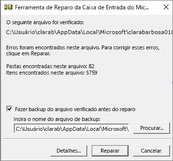 Mostra os resultados do arquivo de dados .pst verificado do Outlook usando a ferramenta de Reparo da Caixa de Entrada da Microsoft, SCANPST.EXE