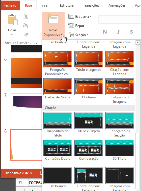 Clique na seta junto a Novo diapositivo para ver uma seleção de modelos globais