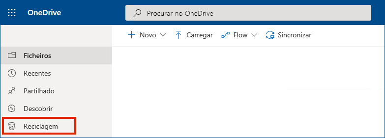 OneDrive para Empresas online a mostrar a reciclagem no menu à esquerda