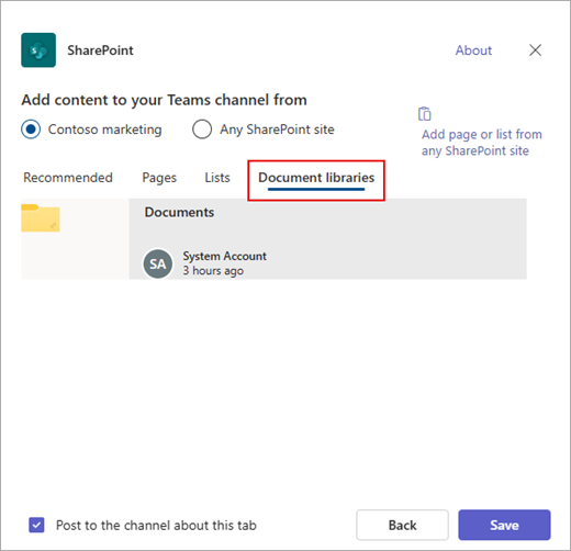 Adicionar uma biblioteca de documentos do SharePoint ao Teams.