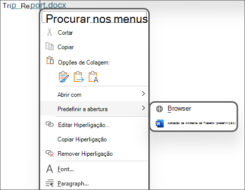 Imagem das opções para Predefinir abrir como Browser ou Aplicação de Ambiente de Trabalho (predefinição).