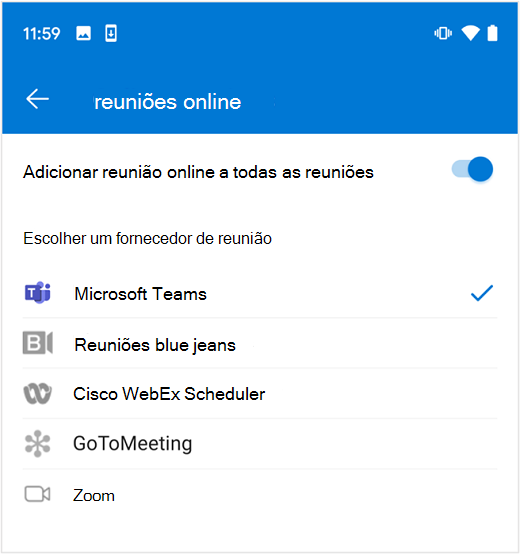 Selecionar o fornecedor de reuniões online predefinido no Outlook no Android