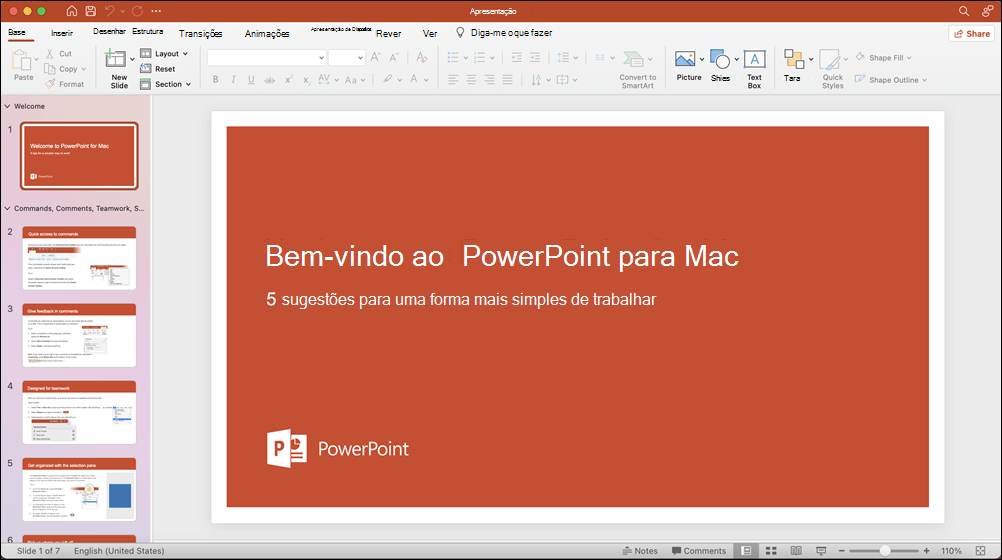 Janela do PowerPoint 2021 para Mac com o modelo Ver uma Apresentação aberto