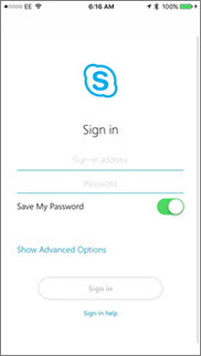 Ecrã de inscrição para Skype para negócios no iOS