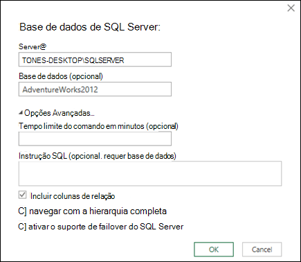 caixa de diálogo ligação da Base de Dados do Power Query SQL Server