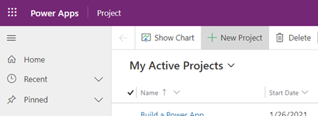 O botão Novo Projeto na Project Power App