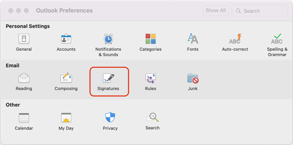 Opção Assinaturas do Outlook para Mac