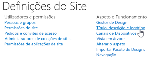 Definições do Site com Título, descrição, logótipo selecionado