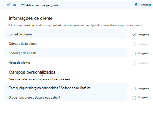 Captura de ecrã: mostrando o administrador criando perguntas personalizadas.