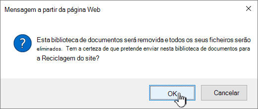 Caixa de diálogo de confirmação ao eliminar uma biblioteca