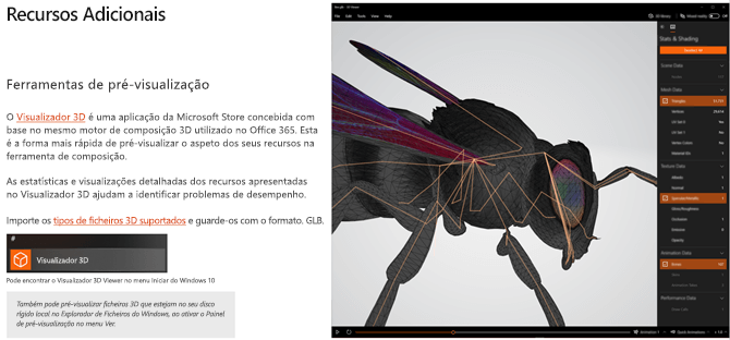 Captura de ecrã a partir da secção Recursos Adicionais das Diretrizes de Conteúdo 3D