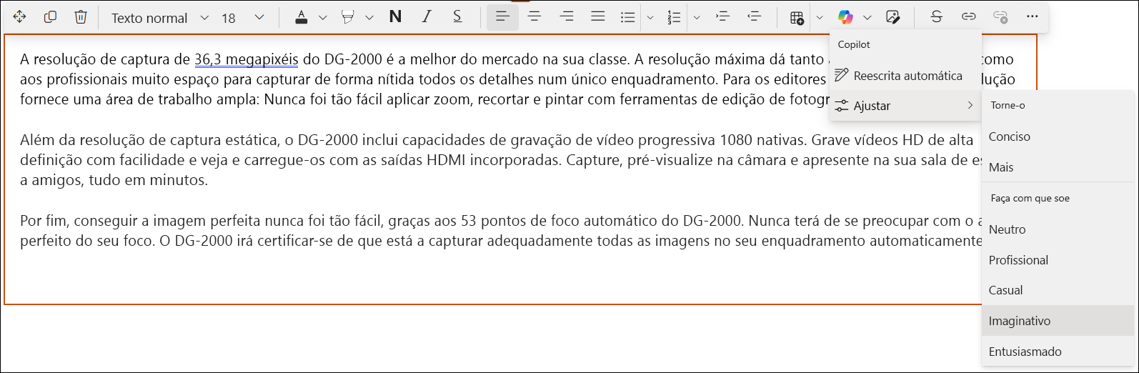 A captura de ecrã de uma vista rápida do Copilot no editor do SharePoint