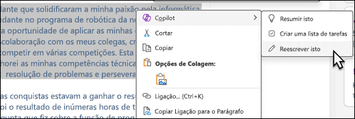 Algum texto selecionado no OneNote. O menu de contexto é apresentado, com "Copilot" selecionado e "Reescrever isto" selecionado no sub menu.