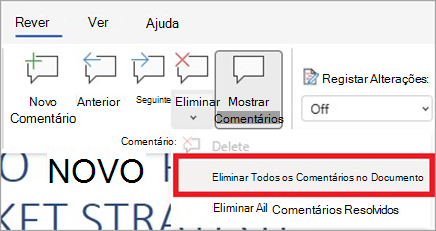 Onde eliminar todos os comentários num documento no friso Rever.