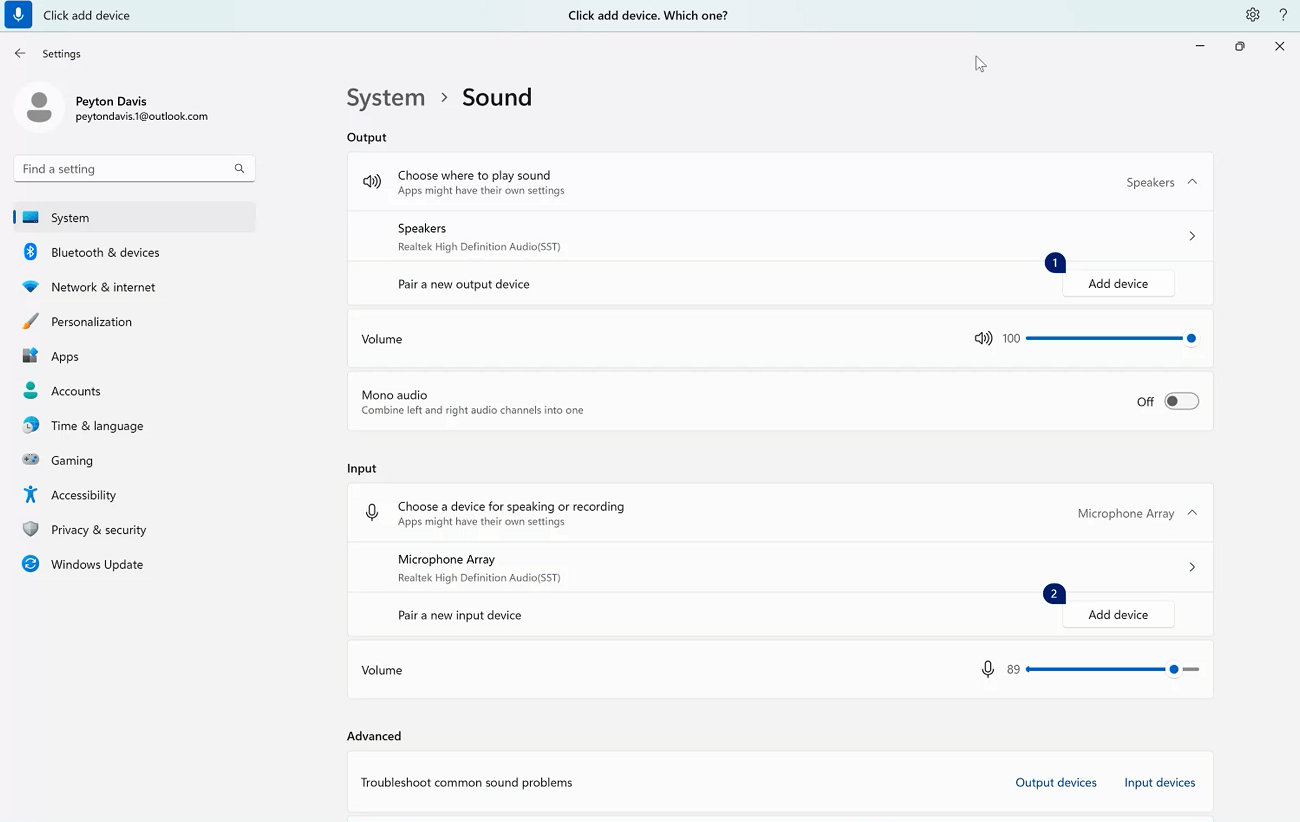 Um exemplo de um comando de acesso por voz para gerir múltiplas correspondências que mostram o comando de acesso por voz Clique em Adicionar dispositivo nas definições de Som do Windows.