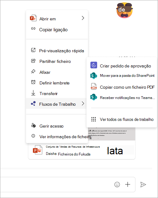 Captura de ecrã a mostrar o menu de fluxo de trabalho aberto a partir de um ficheiro partilhado