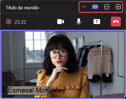 Captura de ecrã a realçar diferentes vistas na janela de reunião minimizada.