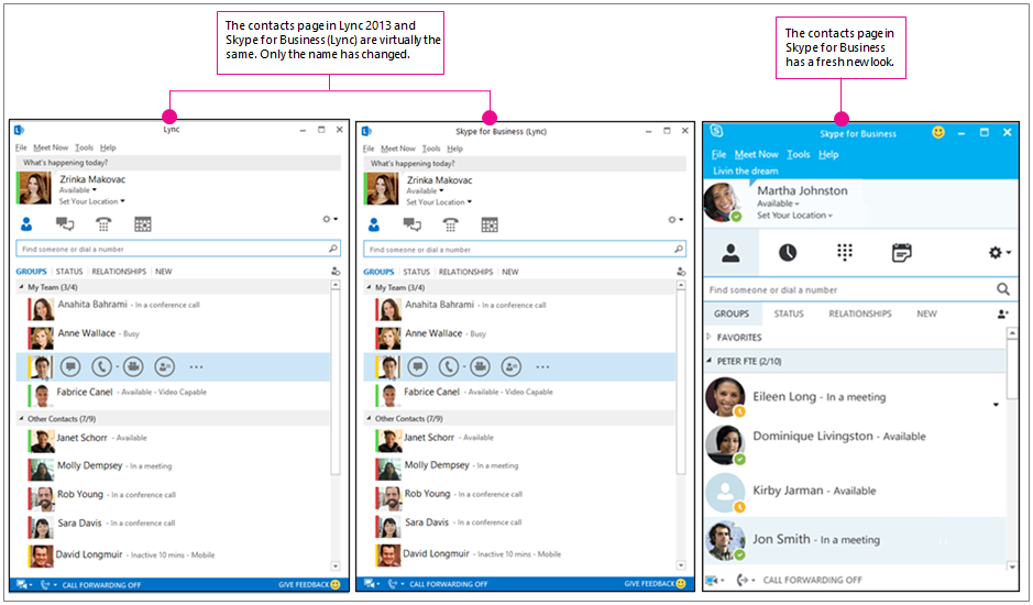 Comparação lado a lado da página de contactos do Lync 2013 e da página de contactos do Skype para Empresas