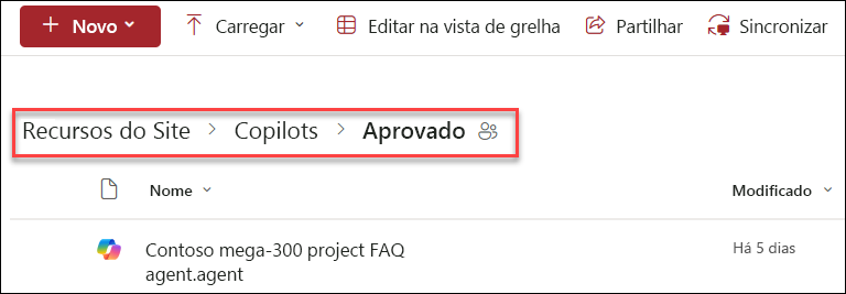 captura de ecrã da estrutura de pastas de onde guardar um agente do Copilot aprovado
