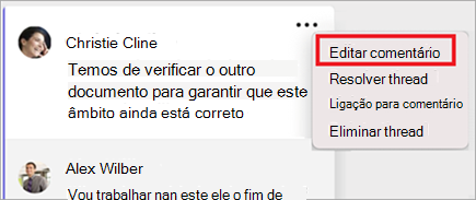 Comentário no Word no Mac, onde o menu mais opções tem a opção "Editar comentário" selecionada.