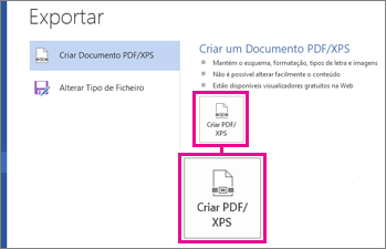 Botão Criar PDF/XPS no separador Exportar no Word 2016.