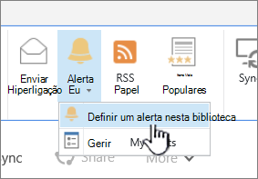 Separador Biblioteca com a opção Definir Alerta nesta biblioteca realçada