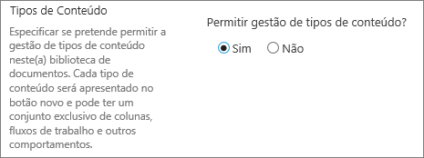 O botão permitir a gestão de tipos de conteúdo em Definição avançada