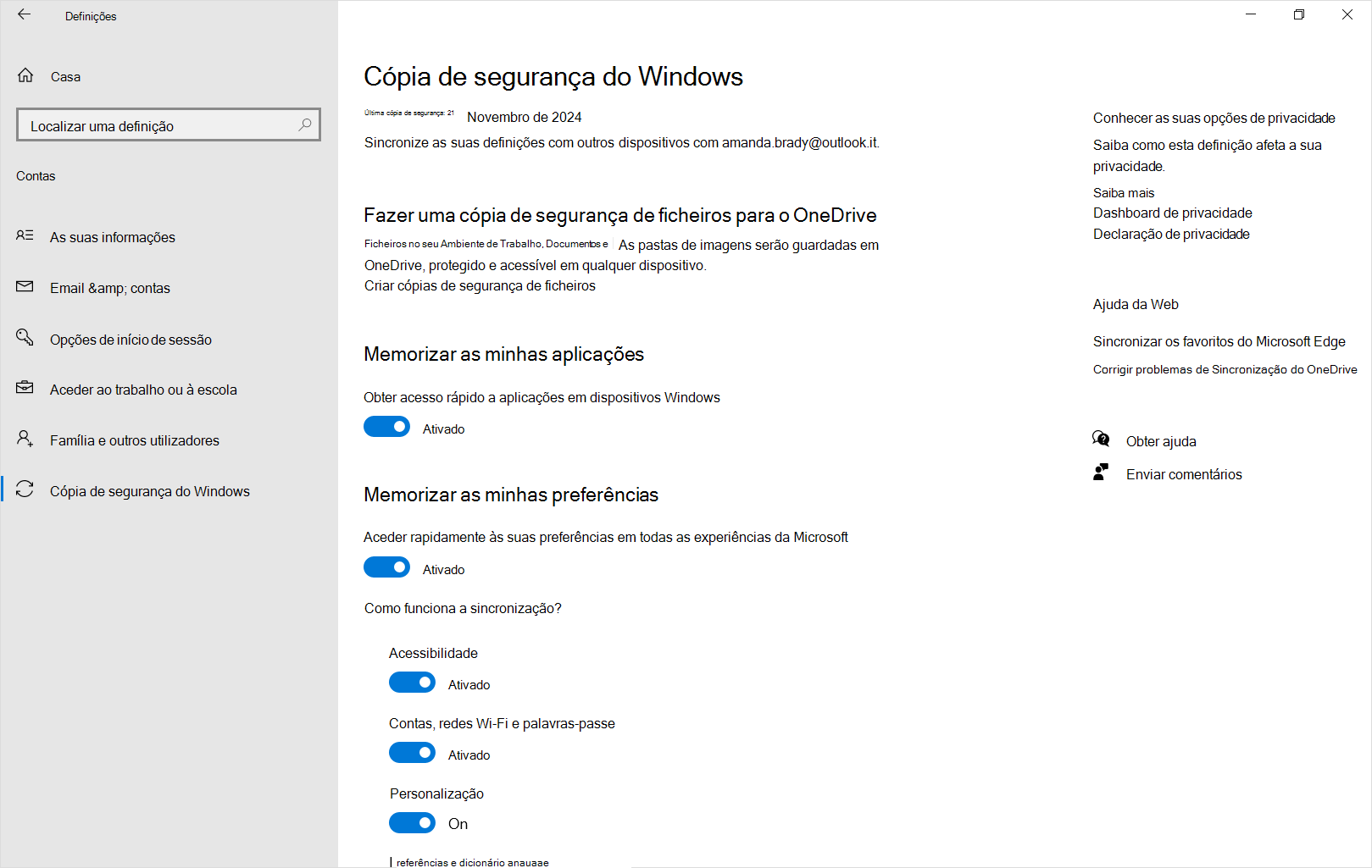 Captura de ecrã a mostrar a cópia de segurança do Windows de Definições no Windows 10.