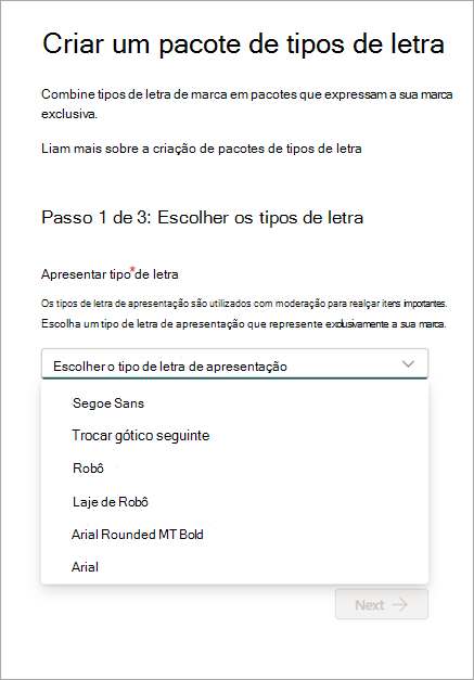 captura de ecrã da criação de um pacote de tipos de letra