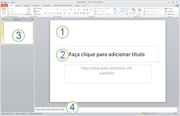 A área de trabalho ou Vista normal no PowerPoint 2010 tem quatro áreas etiquetadas.
