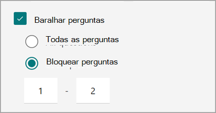 Captura de ecrã das definições do questionário/formulário para baralhar e bloquear perguntas do questionário.