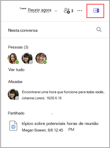 Captura de ecrã a mostrar um painel de informações de chat que inclui uma lista de 3 pessoas, 1 mensagem afixada e 1 documento partilhado.